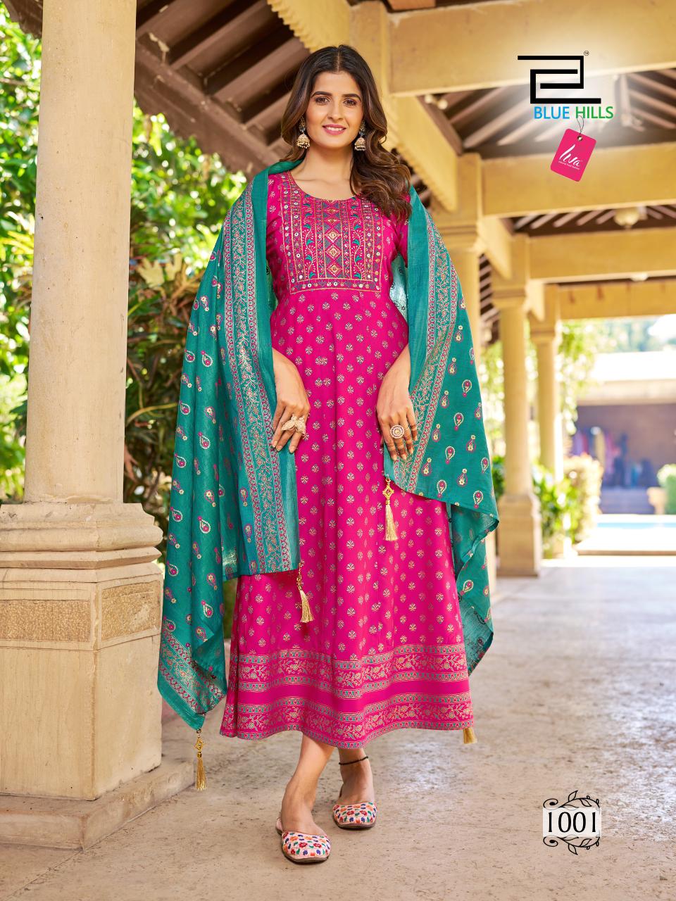 Vasuki By Blue Hills Rayon Foil Print Anarkali Kurti With Dupatta Wholesale Suppliers In Mumbai